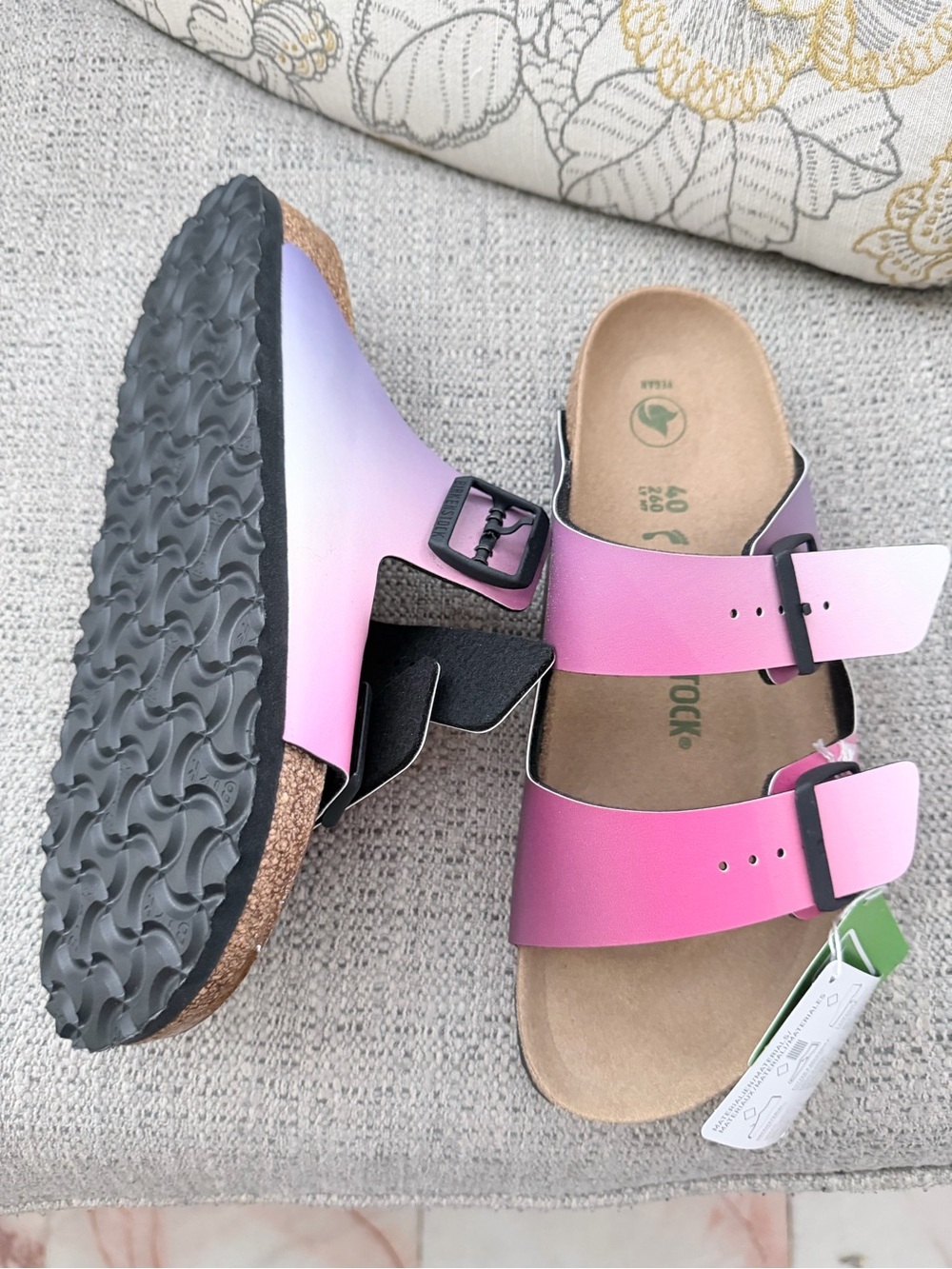 NWT Birkenstock Arizona Narrow Fit Birko Flor Vegan Ombre Pink/Purple sz 40 - Picture 3 of 5